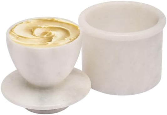 Butter Crock – French Butter Keeper with Lid, Countertop Butter Dish, Handcrafted Cloudy White Marble Housewarming Gift for Kitchen & Home