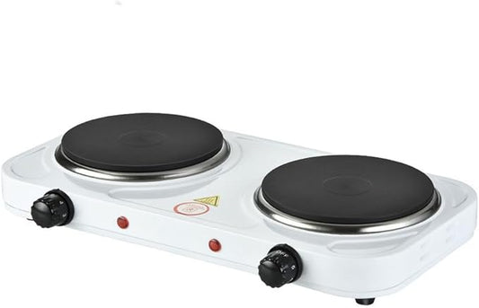 Compact and Portable Countertop Burner- Countertop Double Cast Iron Burner 2000 Watts Electric Hot Plate Temperature Controls White