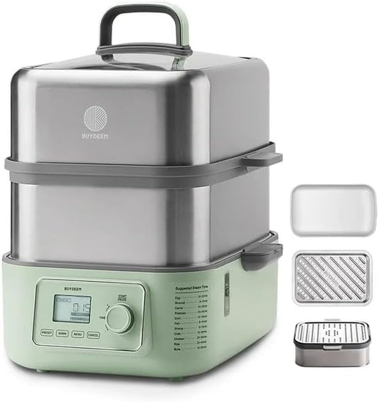 BUYDEEM G67US-A503 Electric Food Steamer for Cooking, 2 Tire Stainless Steel Steamer with Manual Mode, 1500W, 14 Quart, Green