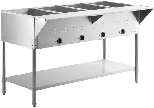 STE-4SA Four Pan Electric Steam Table, 120V 2000W, Stainless Steel, 57x30x34 Inches, Open Well with Undershelf, Commercial Food Warmer