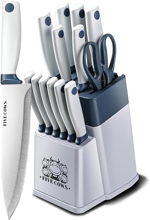 14 Pcs Kitchen Knife Block Set with Sharpener German High Carbon Stainless Steel Chef Knives, Razor-Sharp & Durable, Lightweight Anti-Slip Handle, Professional Set for Home & Kitchen (White)