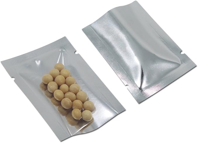 Silver Aluminum Foil Pouch Heat Seal Front Window Plastic Mini Open Top Flat Vacuum Packaging Mylar Bag Food Small Sample Mylar Storage with Tear Notch (1000, 1.9x2.7 inch)