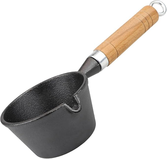 Cast Iron Pot, Egg Frying Pan Butter Warme Iron Oil Heating Pot with Wooden Handle for Kitchens Cooking, 4.3x10.8 Inch