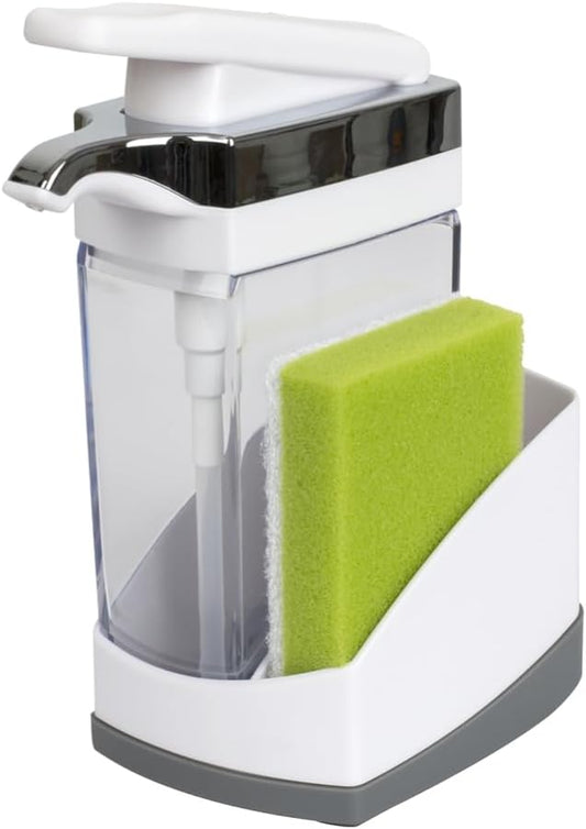 Casabella Sink Sider Solo Soap Pump and Sponge Caddy for Kitchen Sinks, Kitchen Sink Organizer Sponge Caddy and Soap Pump Combo, White