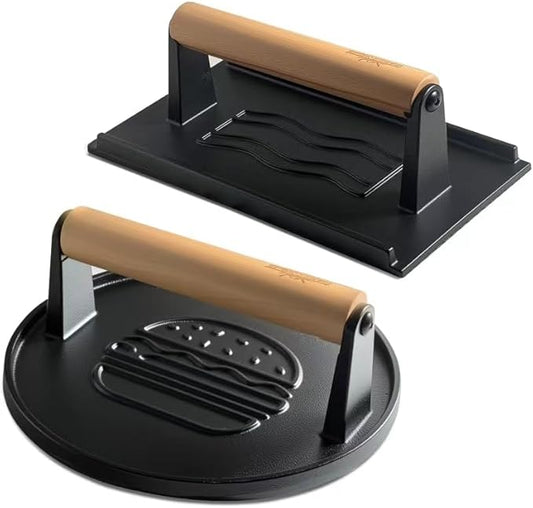 Cast Iron Smash Burger Press (2PCS),Grill Bacon Meat Press Tool,Perfect for Blackstone, Camp Chef, Weber Grills & Indoor Griddles – BBQ & Cookout Must-Have (Round & Rectangle (Flat Bottom)