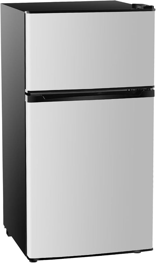 3.2 Cu.Ft Mini Fridge with Freezer, 2 Door Small Refrigerator with Adjustable Thermostat Energy-efficient Low Noise, Compact Fridge for Bedroom, Office, Dorm, Silver