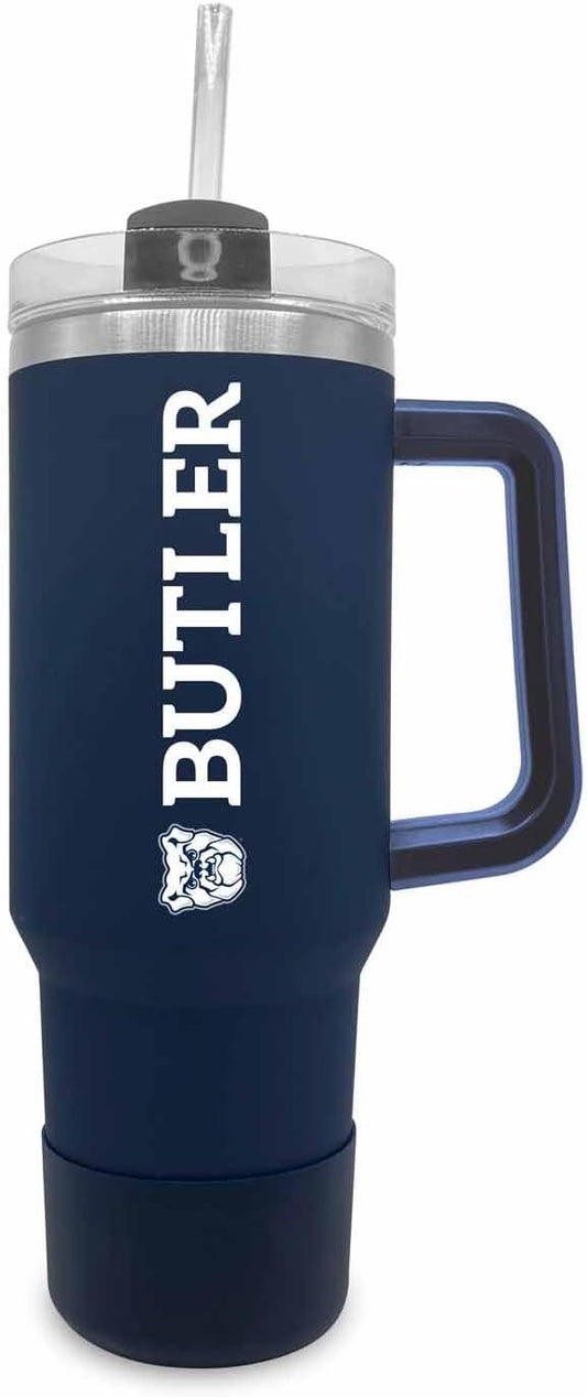 Campus Colors College & University 40 oz Travel Tumbler With Handle - Dual Option Lid With Straw - Vacuum Insulated Stainless Steel (Butler Bulldogs - Navy)