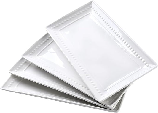 14 inch Ceramic Serving Platter - Rectangular Serving Trays Set of 4, Large Embossed Plates, Porcelain White Platters for Steak, Appetizer, Dessert, Tacos, Housewarming, Oven Dishwasher Safe