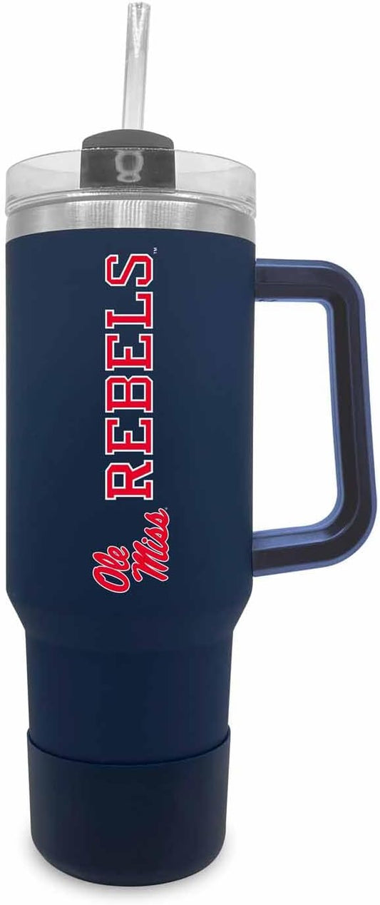 Campus Colors College & University 40 oz Travel Tumbler With Handle - Dual Option Lid With Straw - Vacuum Insulated Stainless Steel (Ole Miss Rebels - Navy)