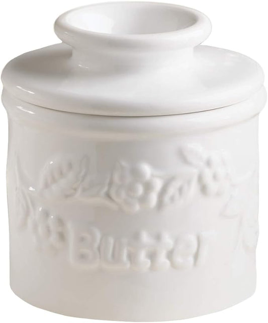 Butter Bell - The Original Butter Bell crock by L Tremain, a Countertop French Ceramic Butter Dish Keeper for Spreadable Butter, La Fleur Collection (White Raised Floral)