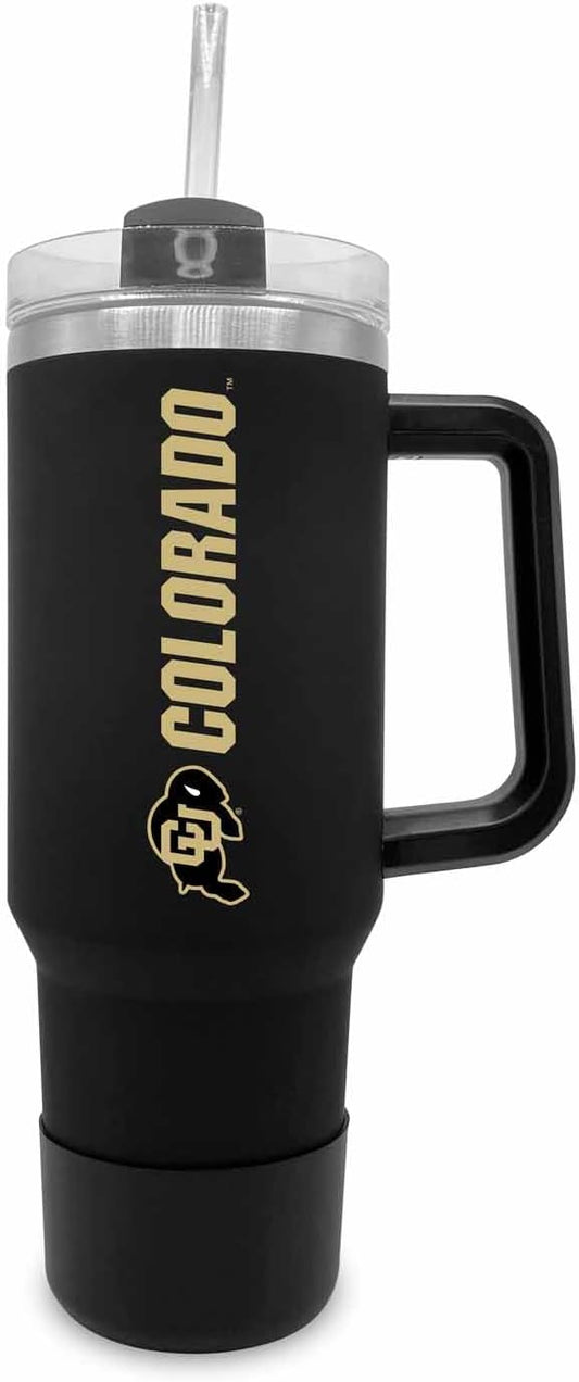 Campus Colors College & University 40 oz Travel Tumbler With Handle - Dual Option Lid With Straw - Vacuum Insulated Stainless Steel (Colorado Buffaloes - Black)