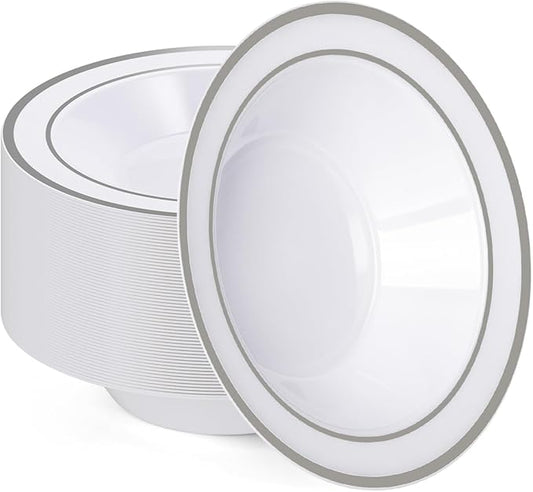 BESTVIP 50 Pack Plastic Bowls with Silver Rim, 12 oz Disposable Soup Bowls, Heavy-duty Dessert Salad Bowl for Party, Wedding, Christmas, Thanksgiving Catering and Dinner