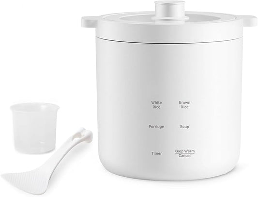 olayks Mini Rice Cooker, Small Electric Cooker 2 Cup Uncooked with 4 Cooking Functions, Ceramic Rice Cooker with 24 Hour Preset, Heat Preservation, Anti Scald Carry Handle