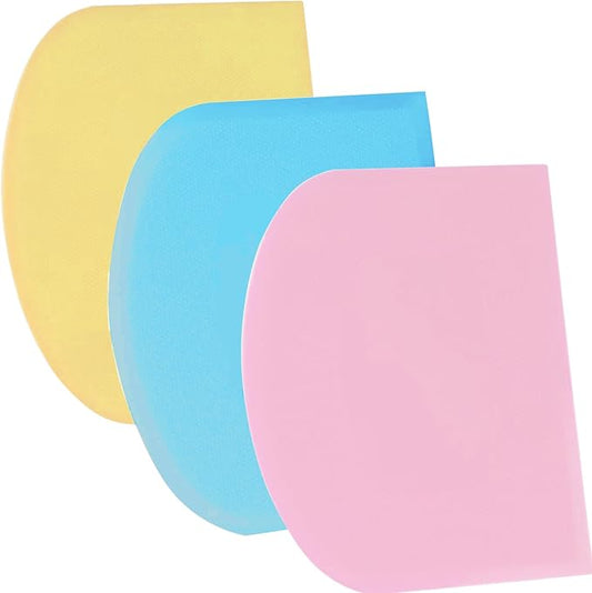 SURDOCA Dough Scraper Bench Scraper - 3P 9.5x6.1" Plastic Flexible Bowl Scraper, Sharp Edge & Angles Cake Scraper. Non-Slip Bakeware Decorating Tools Sculpting & Modeling Tools - Blue+Yellow+Pink