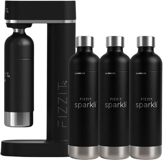 Stainless Steel Black Sparkling Water and Soda Maker Machine with 3 Black Stainless Steel 1L Re-Usable Bottle