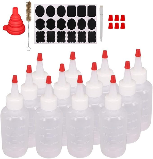 12 Pack 4-Ounce Empty Plastic Squeeze Bottles with Red Tip Caps Multipurpose Squirt Bottle