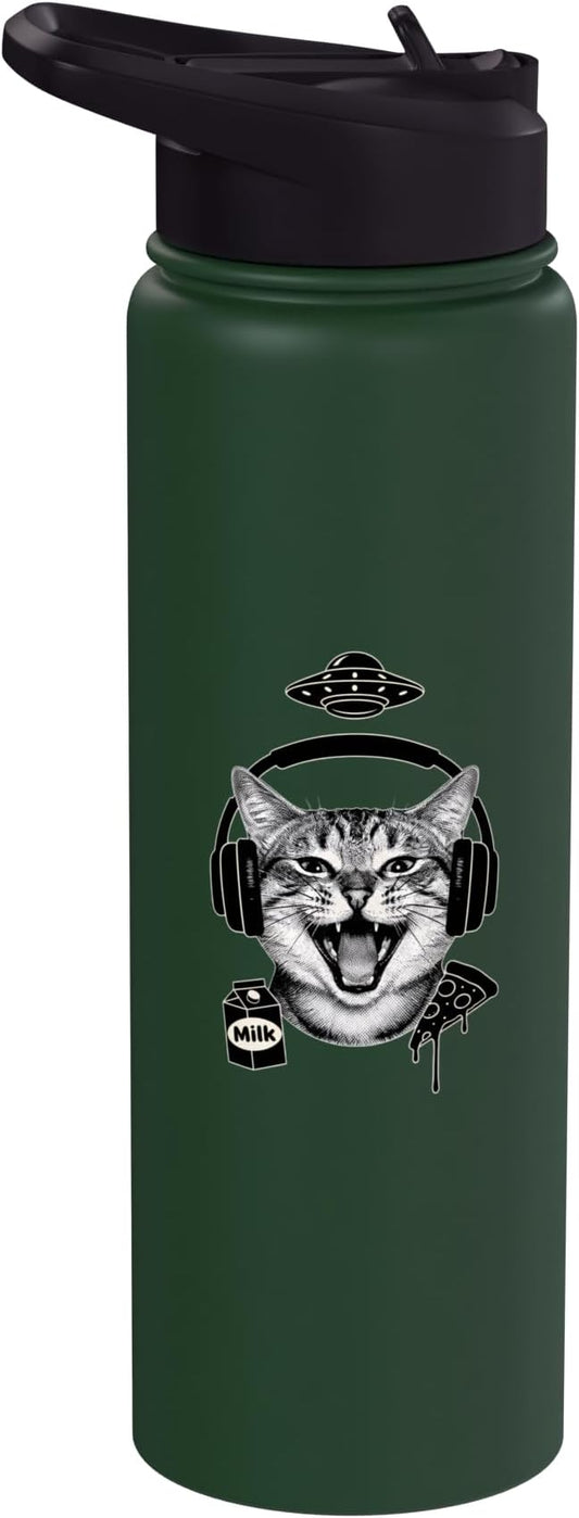 Cat With Headphones Milk Pizza Retro Alien Nostalgia Stainless Steel Insulated Water Bottle