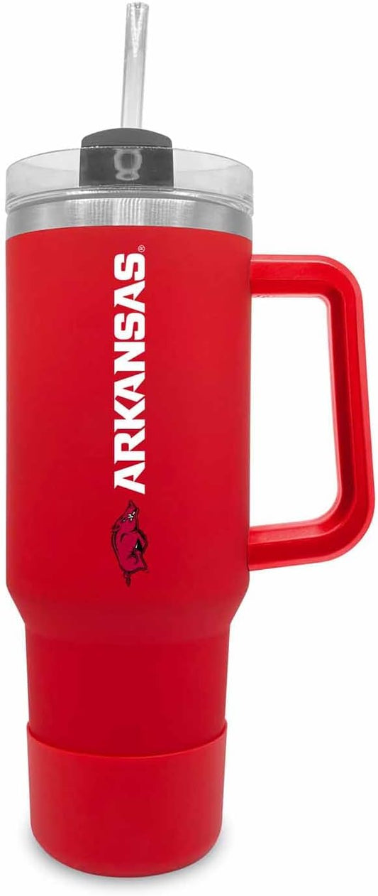 Campus Colors College & University 40 oz Travel Tumbler With Handle - Dual Option Lid With Straw - Vacuum Insulated Stainless Steel (Arkansas Razorbacks - Cardinal)