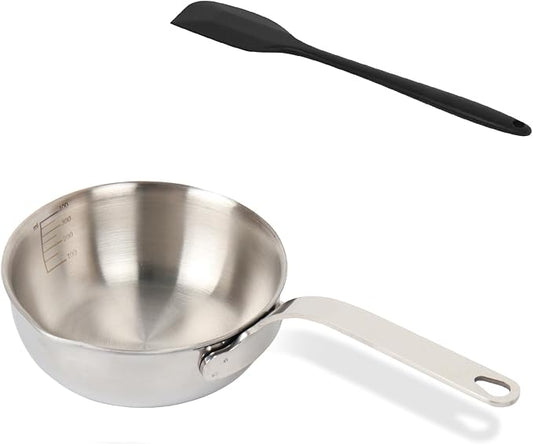 18/10 Stainless Steel Butter Warmer with Silicone Scraper – 13.5 fl oz (400 ml) Mini Saucepan with Pour Spouts, Milk/Coffee/Chocolate Melter, Compatible with Induction & Gas Stoves