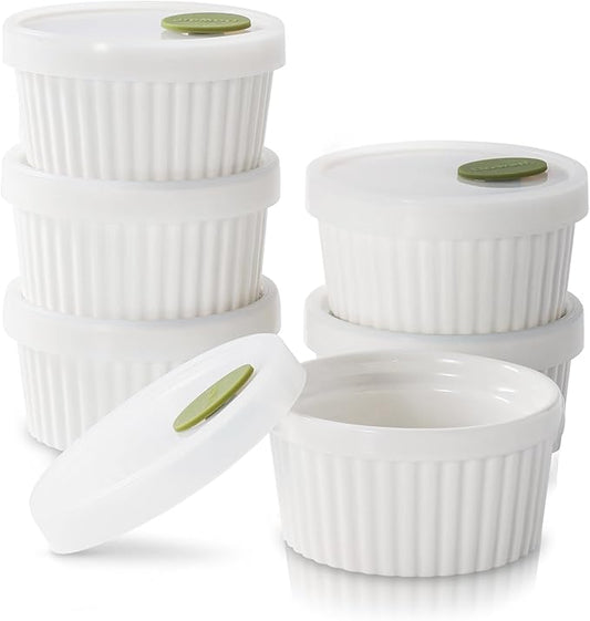 DOWAN Ramekins with lids 4 oz, Creme Brulee Ramiken Oven Safe, Ceramic Baking Bowls Souffle Dishes, Custard Cups Charcuterie Boards Bowls Dipping Sauces, Set of 6, White