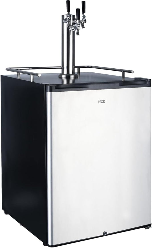 HCK Kegerator, 24 inch Outdoor Undercounter Refrigerator, 2 in 1 Full Size Beer Kegerator with 3 Taps Draft Beer Dispenser, Freestanding, Stainless Steel Door, Ideal for Patio and Outdoor Kitchen