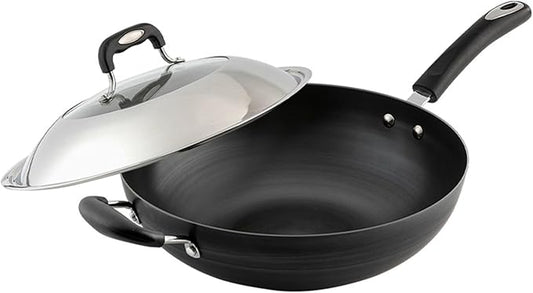 Wok Pan with Lid Nonstick Wok 32cm, Carbon Steel Woks Stir-Fry Pans, No Chemical Coated Flat Bottom Chinese Wok, for Electric, Induction and Gas Stoves