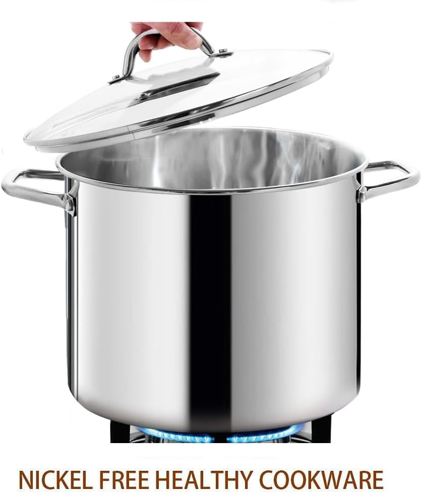 HOMICHEF 16 Quart LARGE Stock Pot with Glass Lid - NICKEL FREE Stainless Steel Healthy Cookware Stockpots with Lids 16 Quart - Mirror Polished Induction Pot - Commercial Grade Soup Pot