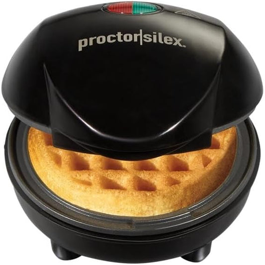 Proctor Silex Mini Waffle Maker Machine with 4” Round Non-stick Grids, Make Personalized Individual Breakfast Keto Chaffles and Hashbrowns, Compact, Black (26100)