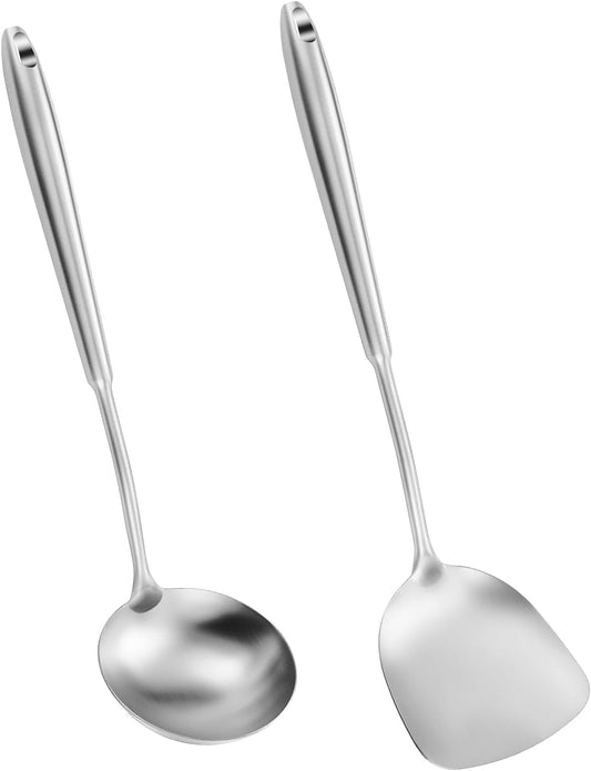 14-15" Wok Spatula and Ladle,2 PCS Wok Tools Set,304 Stainlss Steel Cooking Utensils,Matte Wok Accessories,Solid Wok Utensils