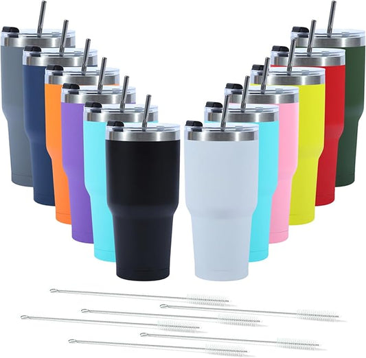 12 Pack 30oz Insulated Tumbler with Lids and Straw, Stainless Steel Travel Coffee Tumbler,Powder Coated Travel Mug (Mixed color)