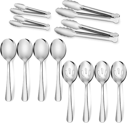 12PCS Stainless Steel Serving Utensils Sets - Large Serving Spoons,Slotted Spoons,Serving Tongs,Appetizer Tongs,Utensills Sets for Buffet Catering Banquet Party (Silver)