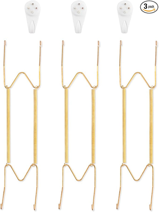3 Pack Plate Hangers for The Wall, Suitable for 12-16 inch Art Plate, Stainless Steel Invisible Heavy Duty Wire Plate Holder with Wall Hooks, Plate Hangers for Displaying Plates, Platter, Dish, Gold