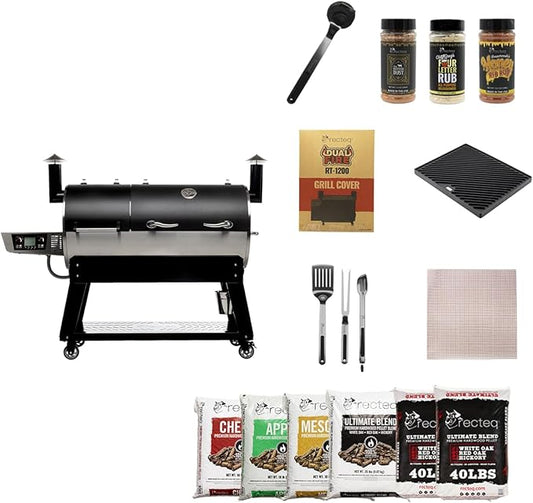 recteq DualFire 1200 Wood Pellet Smoker Grill, Wi-Fi Electric Pellet Grills, Dual Chambers for Hot and Fast + Low and Slow Cooking, DualFire 1200 + Grilling Essentials Bundle