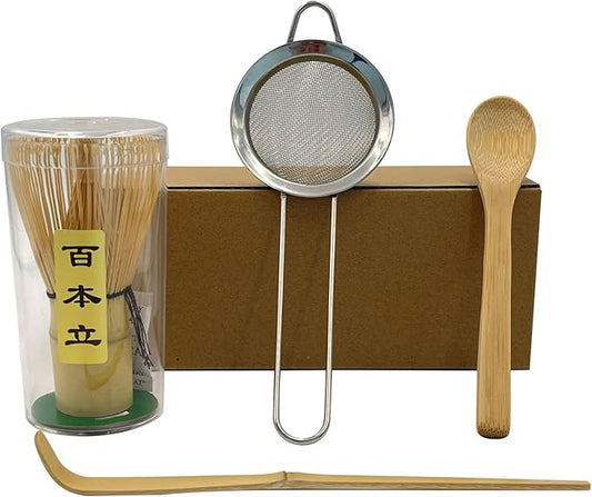 Matcha Whisk Set 4 Pieces Set for Matcha Beginners, Including a Traditional Bamboo Whisk, Spoon, Tea Sieve and Bamboo Spoon