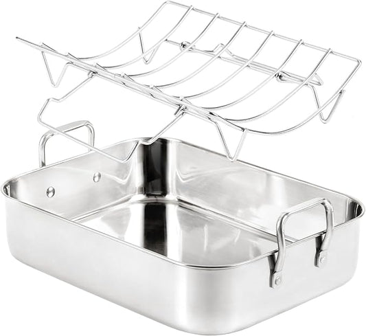 QPMR 16.5inch Roasting Pan with V-Shape Rack - Stainless Steel Large Turkey Roaster Pan for Turkey, Chicken, Ham Roaster with V-Shaped Baking Rack Heavy Duty Dishwasher Safe, Hold up to 22LB