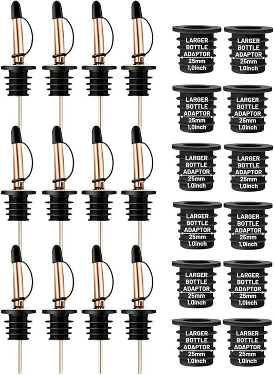 12-Pack Liquor Bottle Pourers with Adapters, Liquor Pour Spout Adapters set for for Large Oil Olive Bottles and Liquor Bottles - Up to 1 Inch/25mm Neck Converts Spout into a Large Pour Spout,Rose Gold