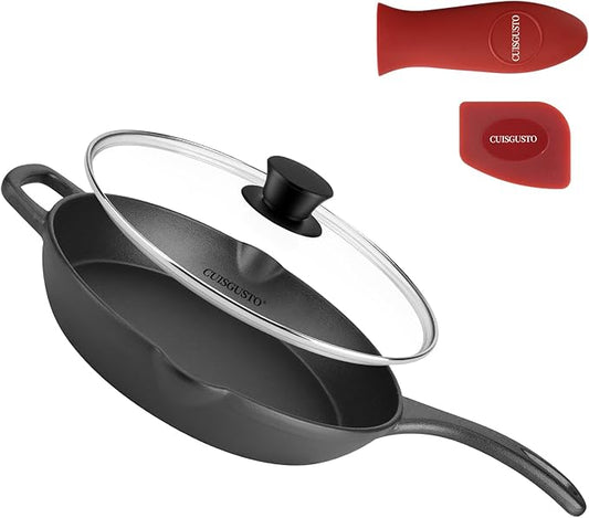 12-Inch Cast Iron Skillet with Tempered Glass Lid, Even Heating & Durable Nonstick, Includes Silicone Handle Cover & Pan Scraper, Ideal for Holiday Cooking & Gifting