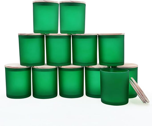 14 OZ Thick Candle Jars for Making Candles 12 Pcs, 3 Wick Empty Jars with Wood Lids for Candle Making, Sample Container, Frosted Green