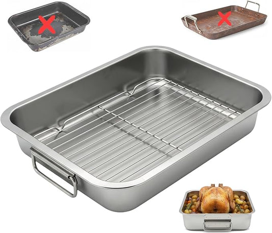 Stainless Steel Roasting Pan with Rack & Handles,15.5" x 11.6"- Food Grade No Coating Dishwasher Safe - Roaster for Turkey Chicken Meat Vegetables for Thanksgiving Christmas and Family Gatherings