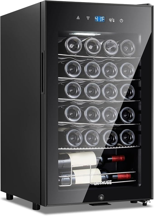 ORYMUSE 24 Bottle Wine Cooler, Freestanding Compressor Wine Fridge with Lock, Slim & Narrow Wine Refrigerator (16.9” W), 41°F–64°F Digital Temperature Control for Red, White & Champagne – Black