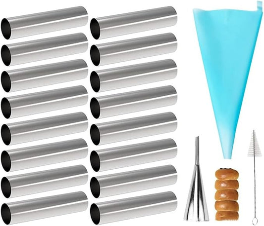Joyeee 16-Pack Cannoli Tubes Molds Set, With 4.7 Inch Non-Stick Tubes, Large, Reusable Piping Bag, Brush and Stainless Steel Tips, Forms Kit for Croissant Shells and Cream Roll Baking