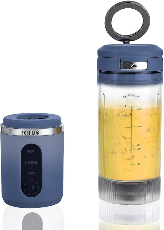 RITUS VORTEX Pro Portable Blender,Personal Blender w/Removable Vessel-for-Smoothies Blend Ice Crush 3 Programs,Cordless 20oz BPA Free Vessel Magnetic-Ring Dishwasher Safe, Leakproof，Navy