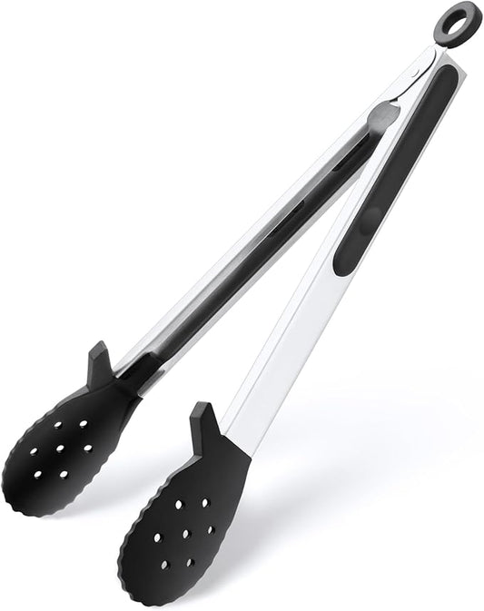12 Inch Kitchen Tongs for Cooking, 600ºF Heat Resistant Silicone Cooking Tongs with Silicone Tip & Integrated Tool Rests for Tossing Salad, Serving Food, Grilling, Non-Stick & Dishwasher Safe (Black)