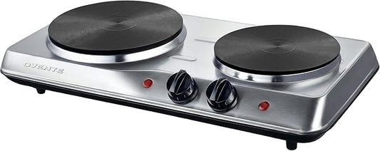 OVENTE Electric Countertop Double Burner, 1700W Cooktop with 7.25" and 6.10" Cast Iron Hot Plates, Temperature Control, Portable Cooking Stove and Easy to Clean Stainless Steel Base, Silver BGS102S