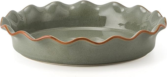 SIDUCAL Ceramic Pie Pan for Baking[10.5 inch],Reusable NonStick Ceramic Pie Plate with Ruffled Edge,Deep and Fluted Pie Dish for Apple Pie,Quiche,Pot Pies, Tart, etc（Green）