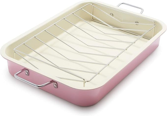 GreenLife 16.5” x 12” Healthy Ceramic Nonstick Roasting Pan with Stainless Steel Roaster Rack, PFAS-Free, PFOA-Free, Dishwasher Safe, Oven Safe, Easy Pouring Rims, Soft Pink