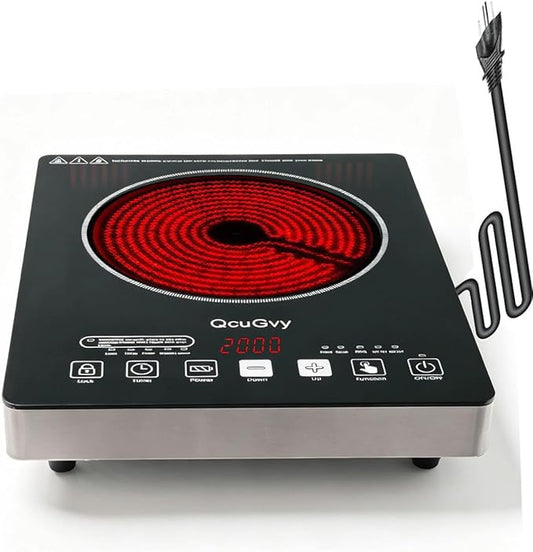 Portable Infrared Burner 2000W Electric Burner with 3 Hours Timer-Electric Hot Plate Touch Control Panel Adjustable Heating Power Glass Plate Electric Cooktop for Cooking (Black 2)