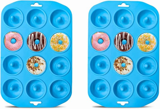 2pcs Silicone Donut Pan, 12 Holes Mini Donuts Mold Heat Resistant, Silicone Donut Molds for baking, Mini Baking Mold for baking delicious donuts, Non-stick Bottom, Easy to Clean