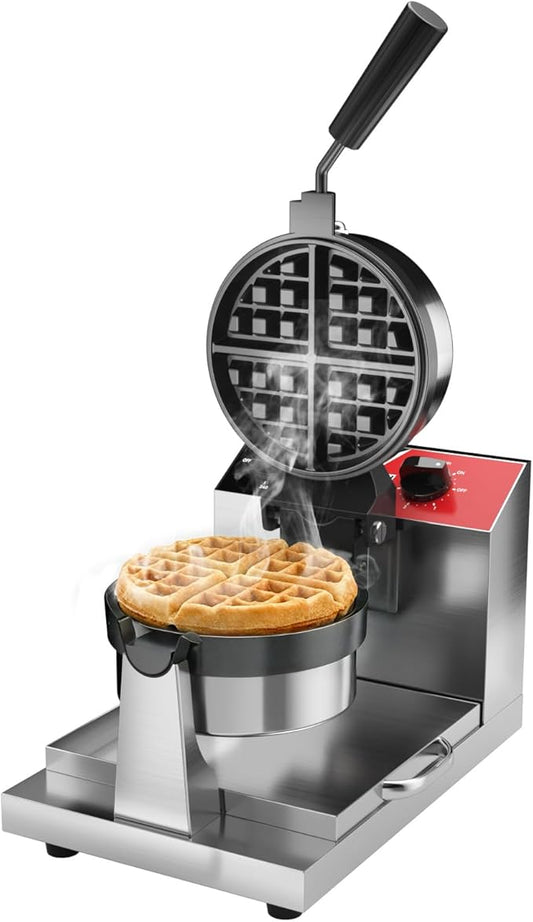 CROSSON Commercial Waffle Maker,Professional Round Belgian Waffle Maker Rotating 180° Non-Stick Plate Machine with Temp and Time Control for Restaurant Bakeries Kitchen 120V/1300W