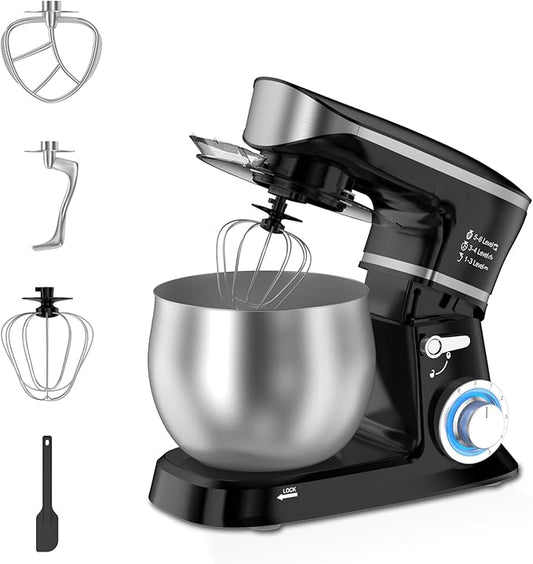 Electric Stand Mixer, Kitchen Mixer 6.5-Quart Tilt-Head, 6 Speeds with Dough Hook, Whisk, Beater, and Splash Guard, Stainless Steel Bowl for Baking—Perfect for Baking Bread, Cookies, Cakes